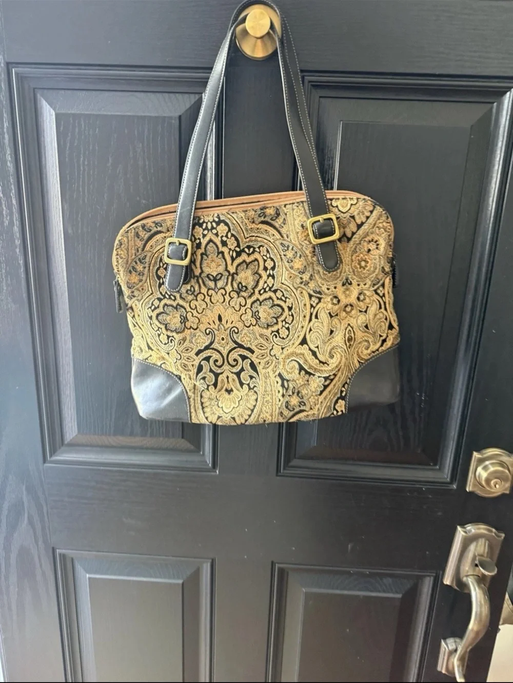 Fossil Black and Gold Paisley Tote Handbag